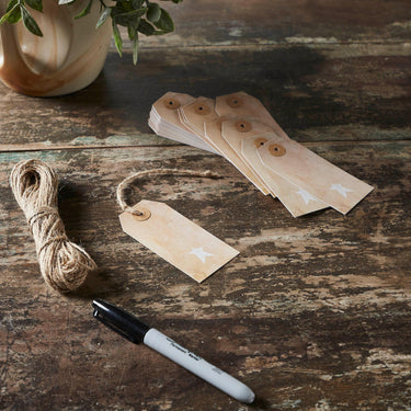 Primitive Star Tea Stained Paper Tag Creme 3.75x1.75 w/ Twine Set of 50 - The Fox Decor